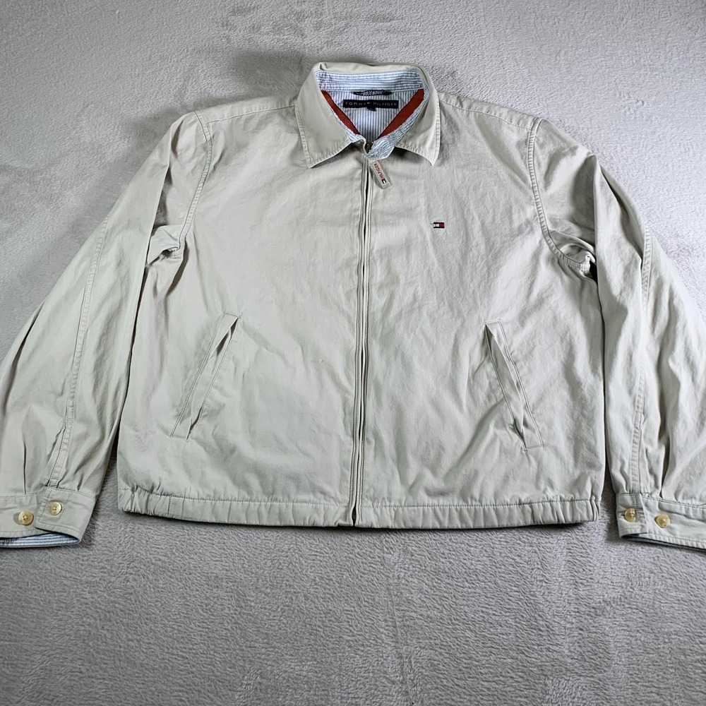 Vintage Tommy Hilfiger Jacket‎ Mens XL Beige Cotton Full Zip Lined Windbreaker